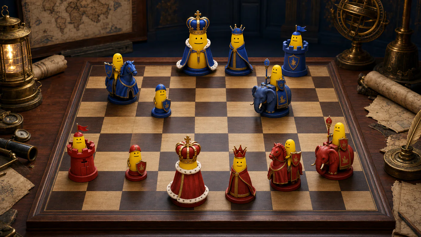 Yellow FLORKE community chess characters facing across a blue and red tournament board